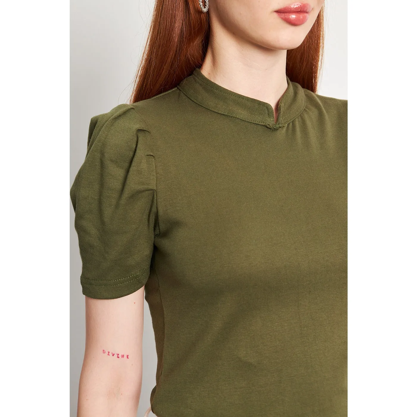Olive Puff Sleeves Knit Top