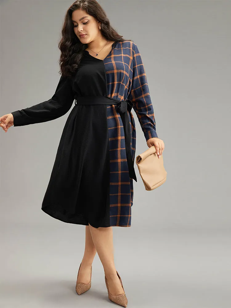 Plaid Patchwork Notched Belted Dress