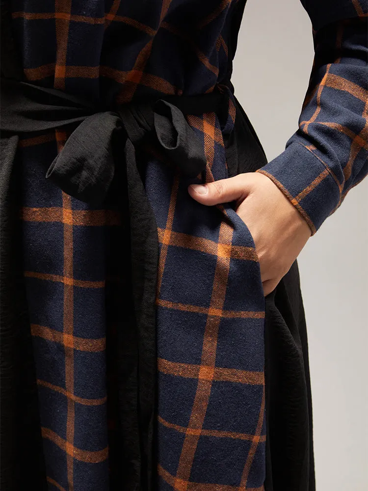 Plaid Patchwork Notched Belted Dress