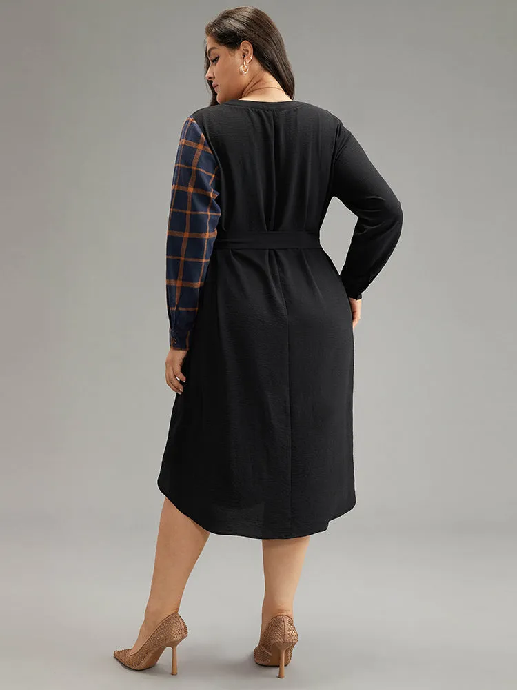 Plaid Patchwork Notched Belted Dress