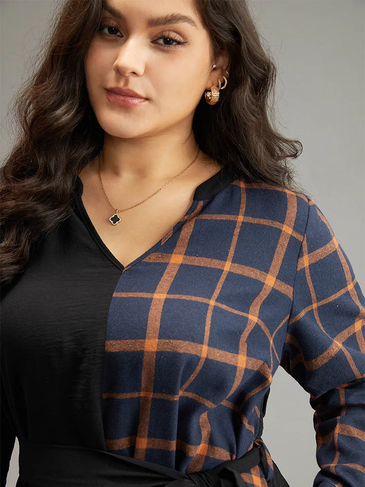 Plaid Patchwork Notched Belted Dress