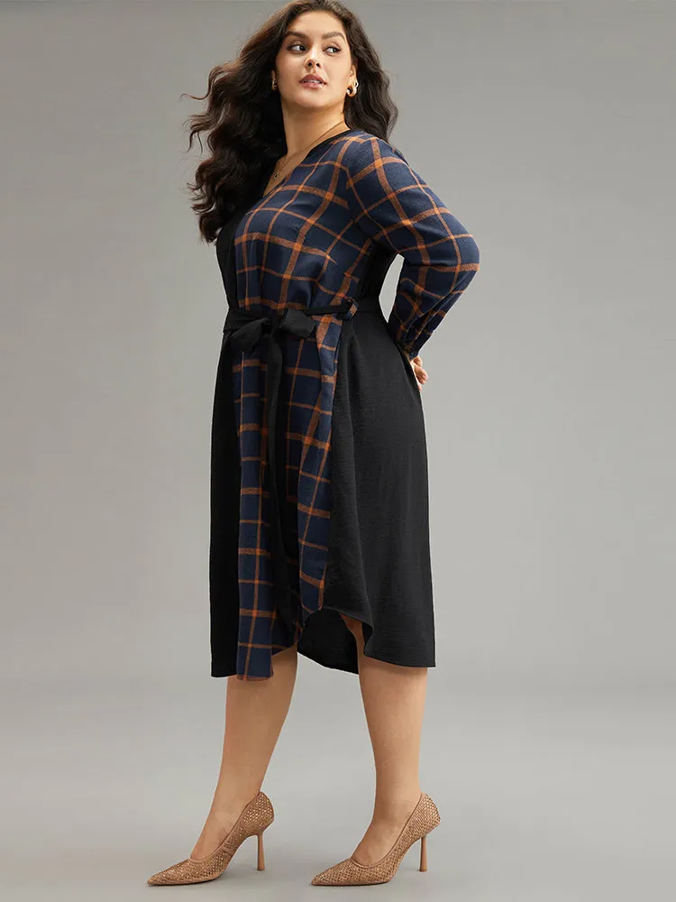 Plaid Patchwork Notched Belted Dress