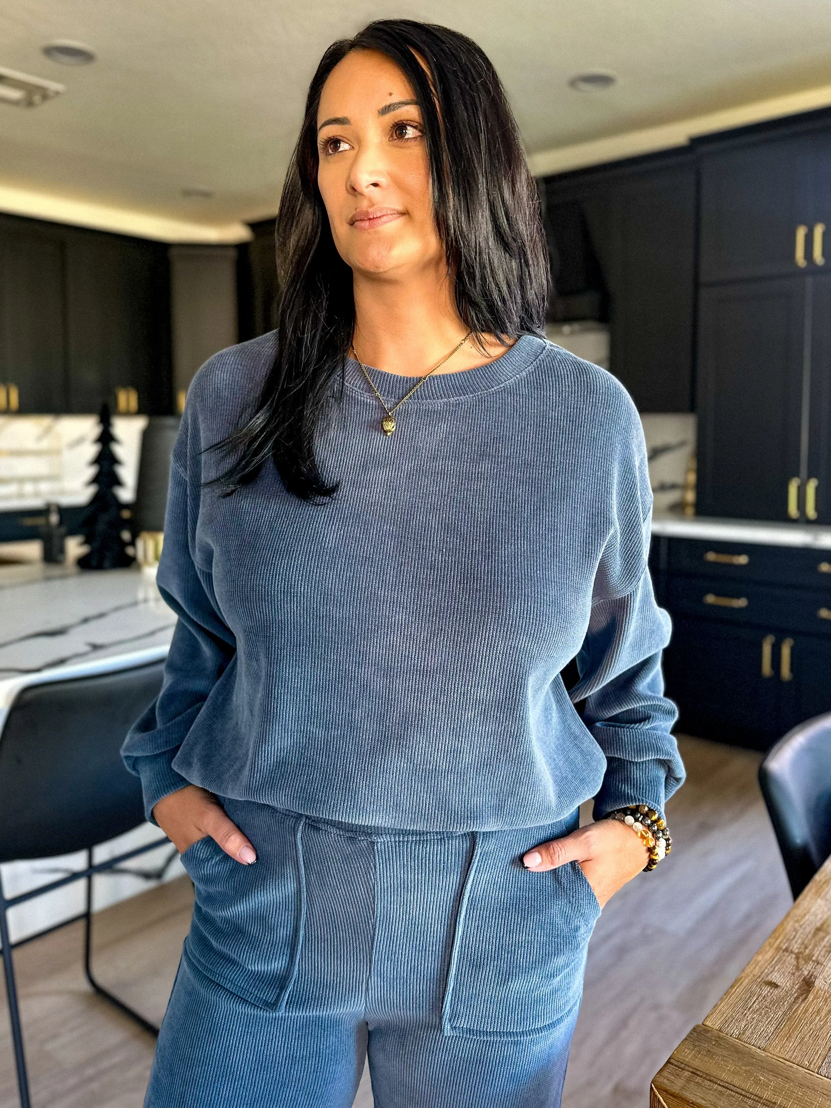 Relaxed Ribbed Crewneck Pullover - Denim Blue