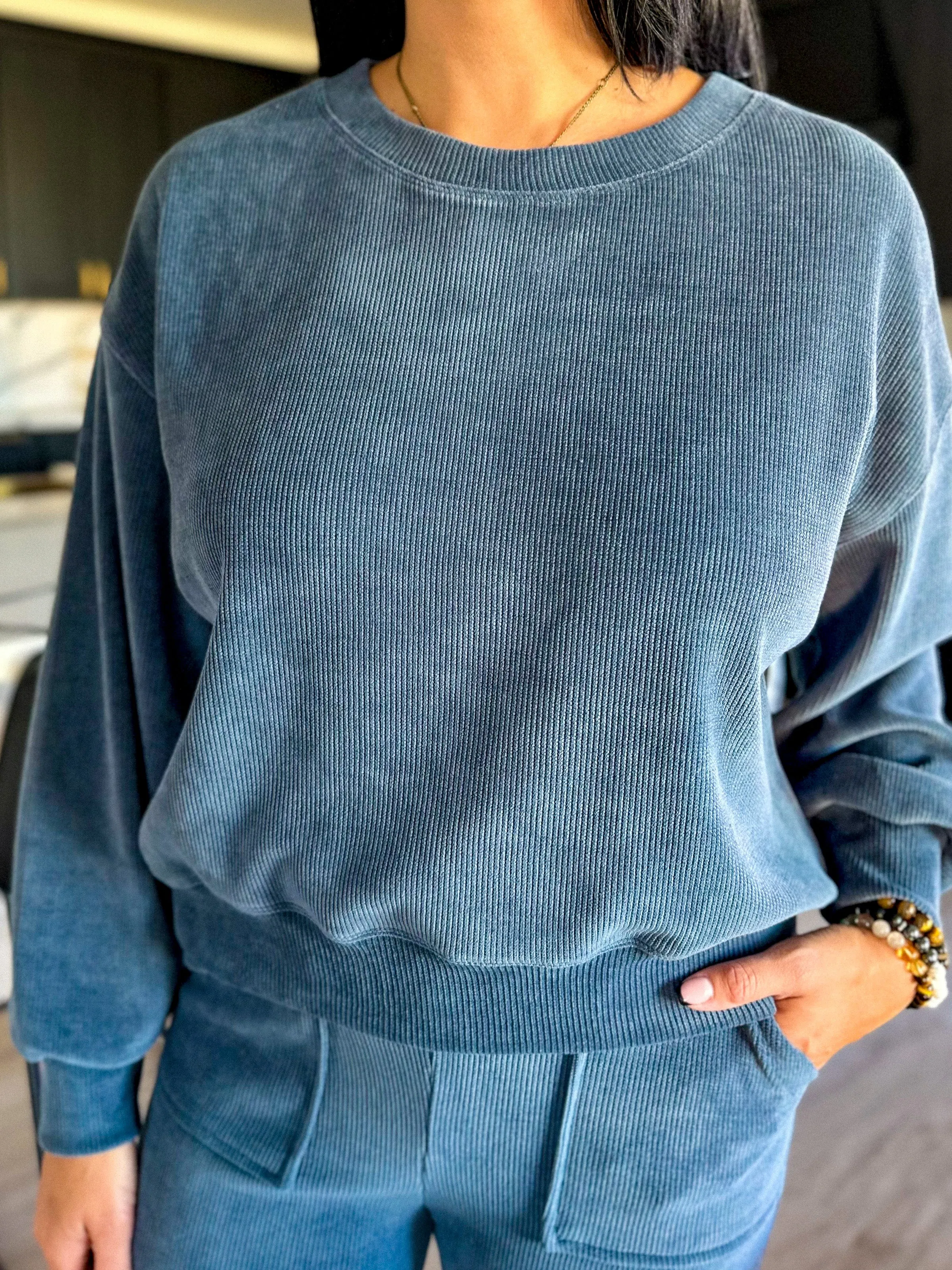 Relaxed Ribbed Crewneck Pullover - Denim Blue
