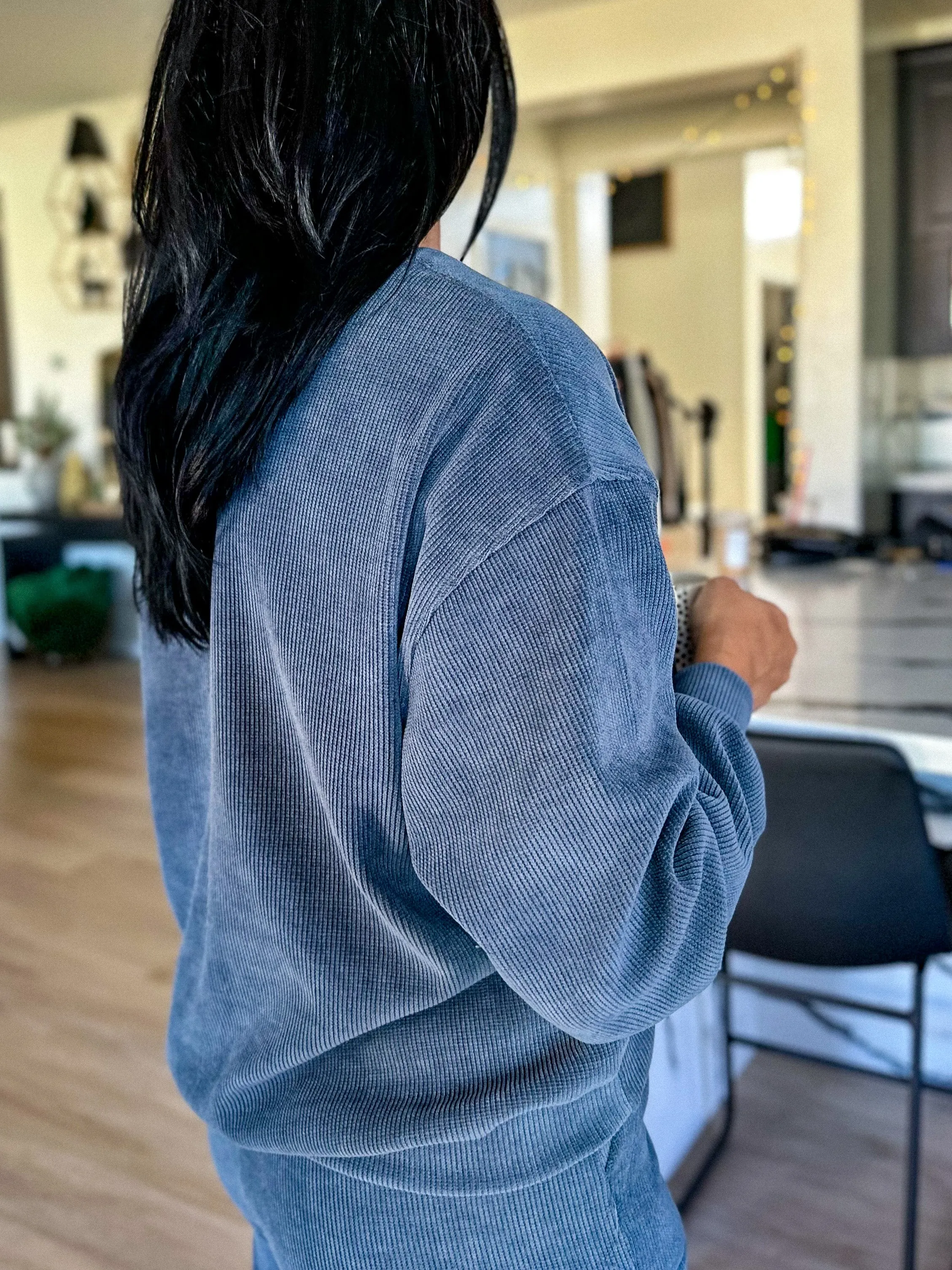 Relaxed Ribbed Crewneck Pullover - Denim Blue