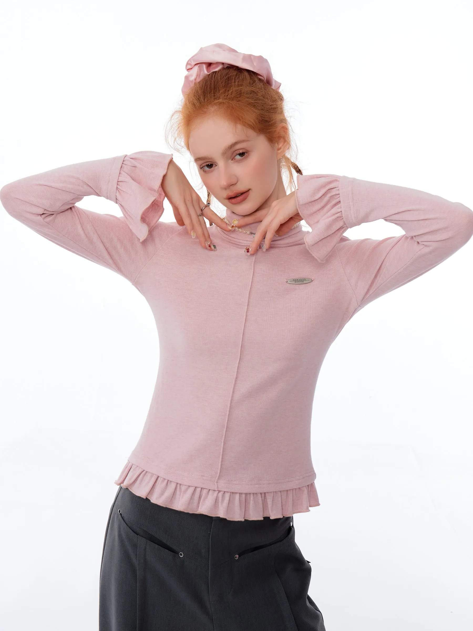 Ruffle Trim Turtleneck Top