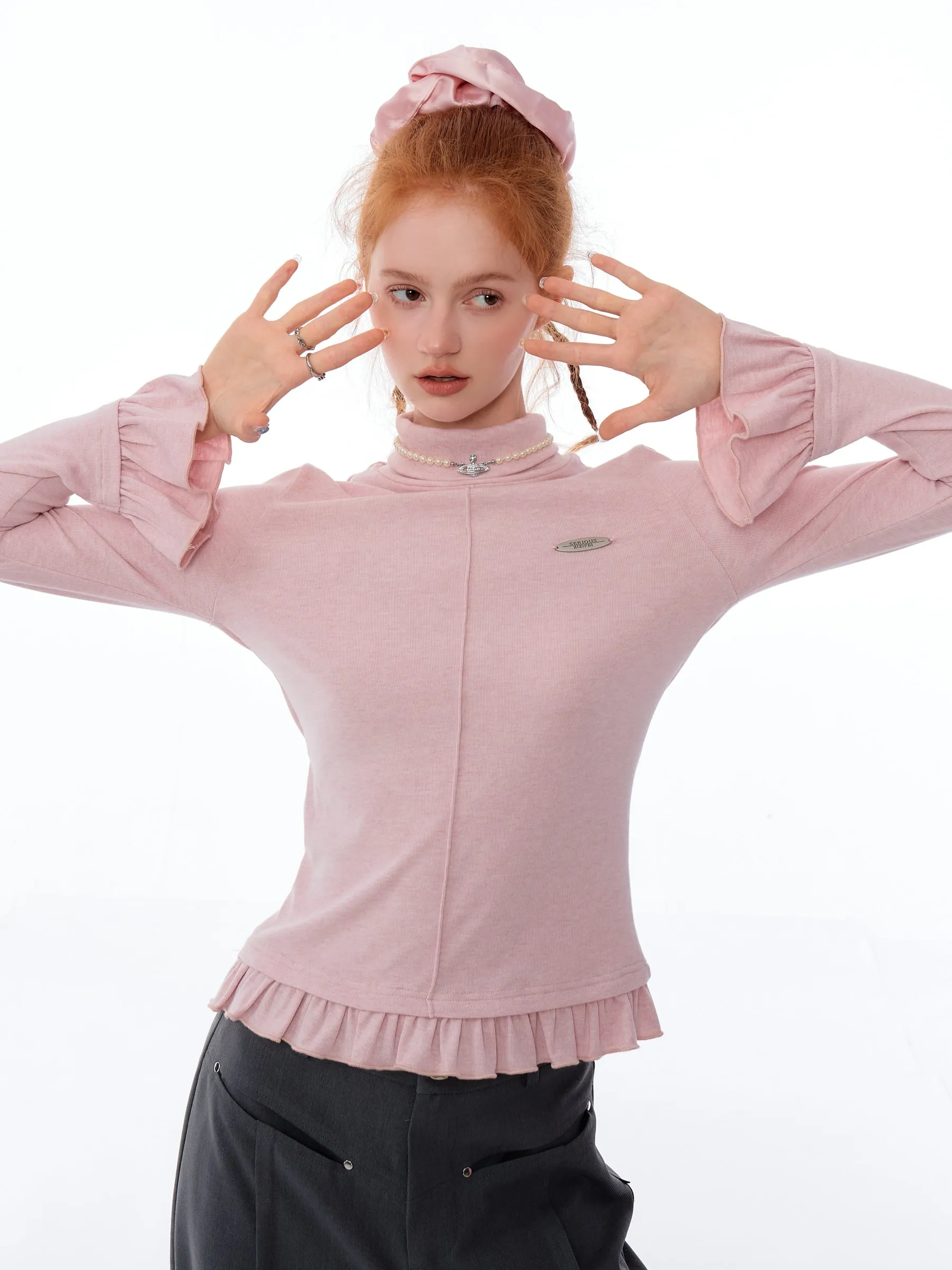 Ruffle Trim Turtleneck Top