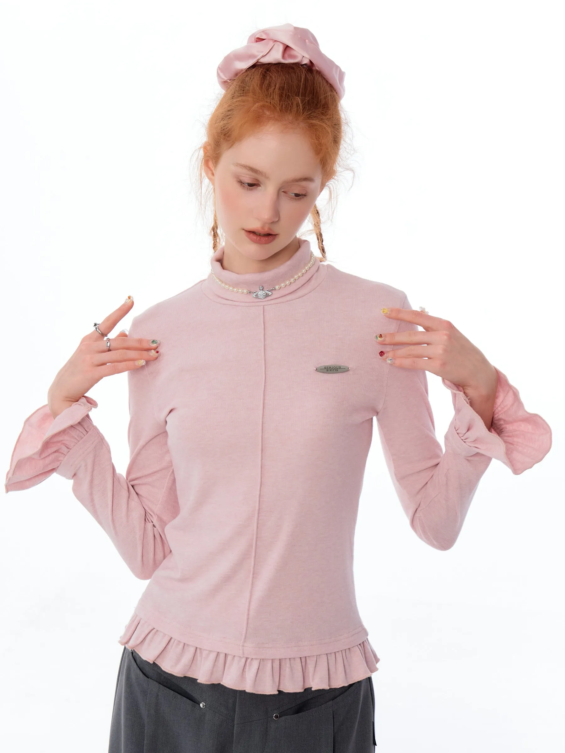 Ruffle Trim Turtleneck Top