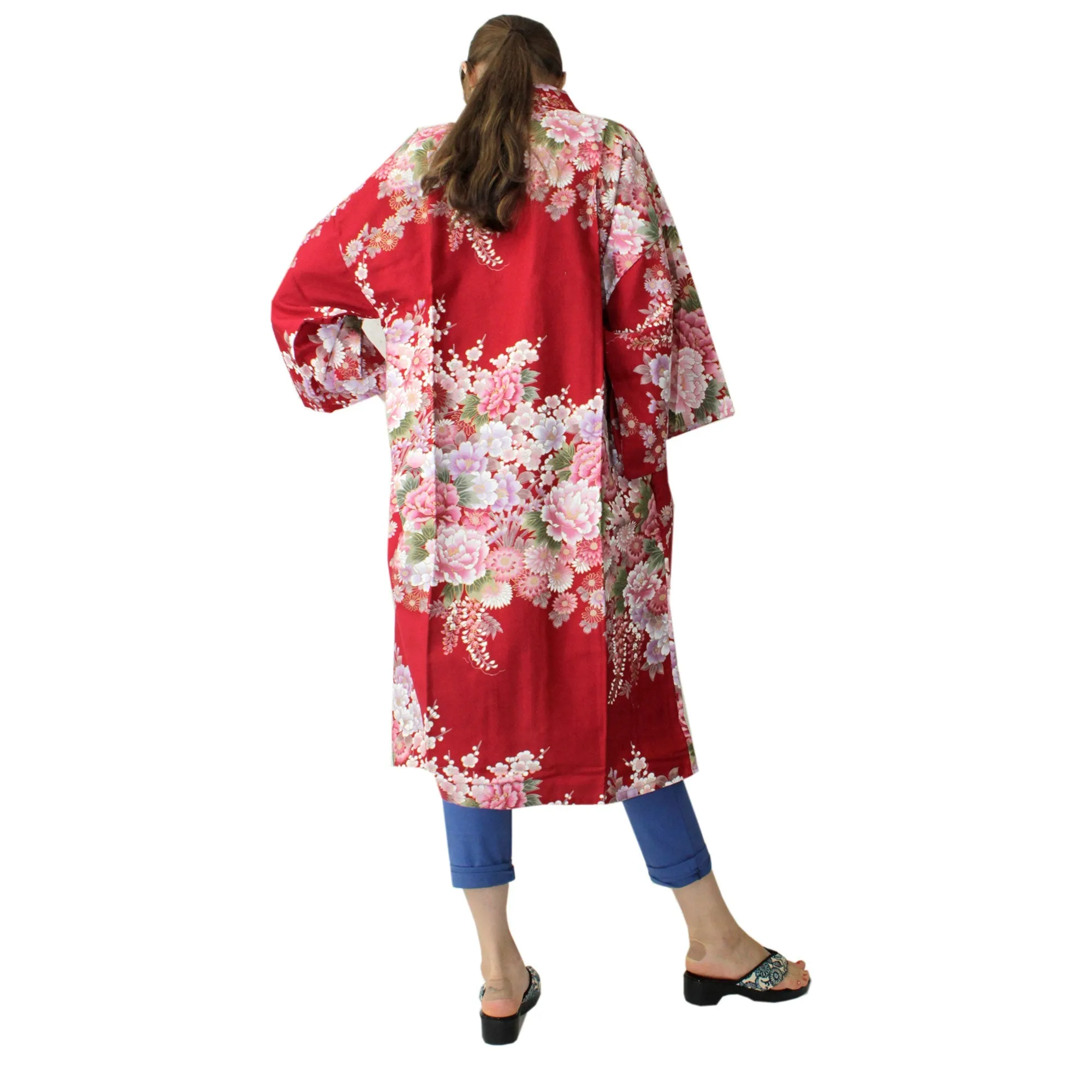 Women's Happi Coat: Kimono Robe - Flowers in Bloom Red