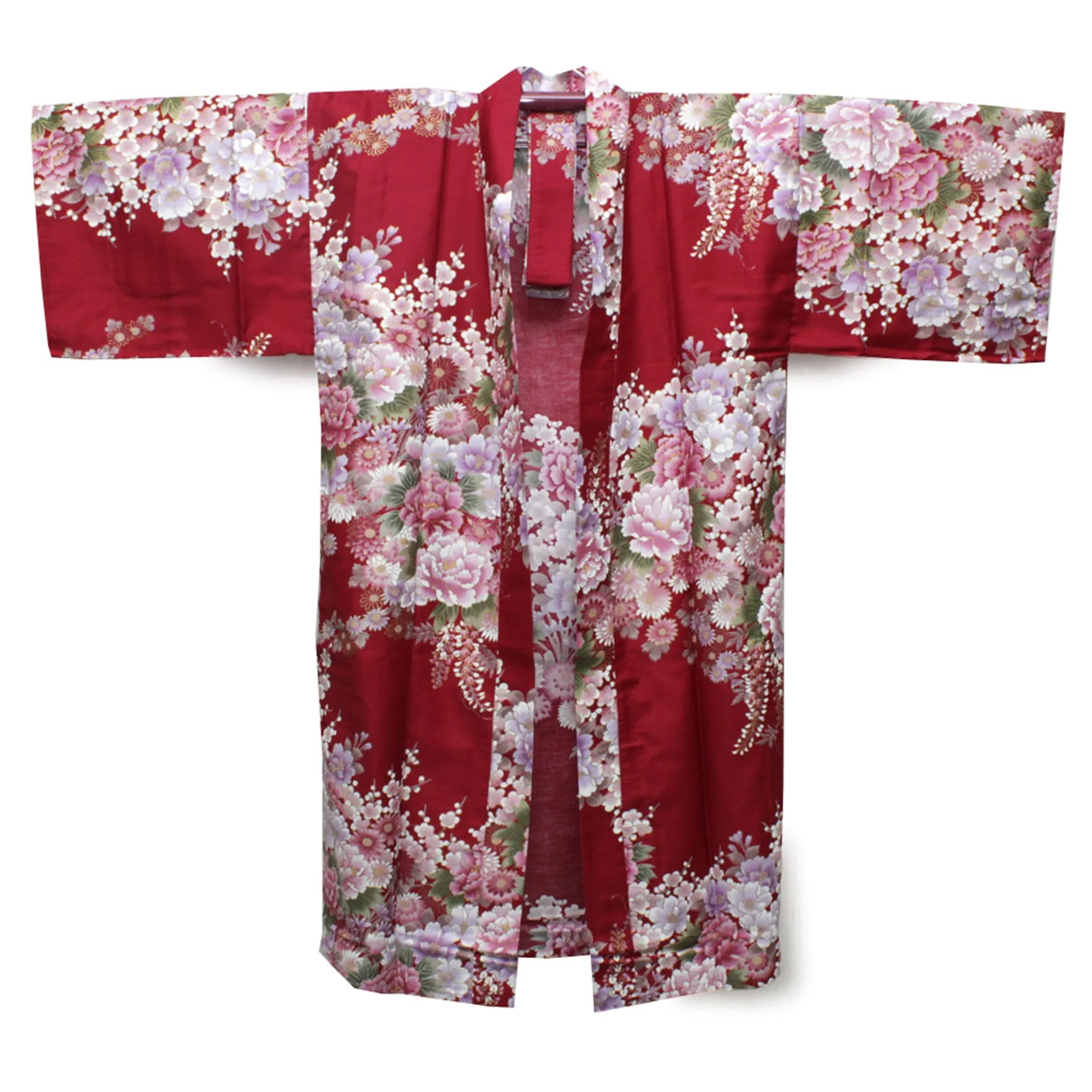 Women's Happi Coat: Kimono Robe - Flowers in Bloom Red
