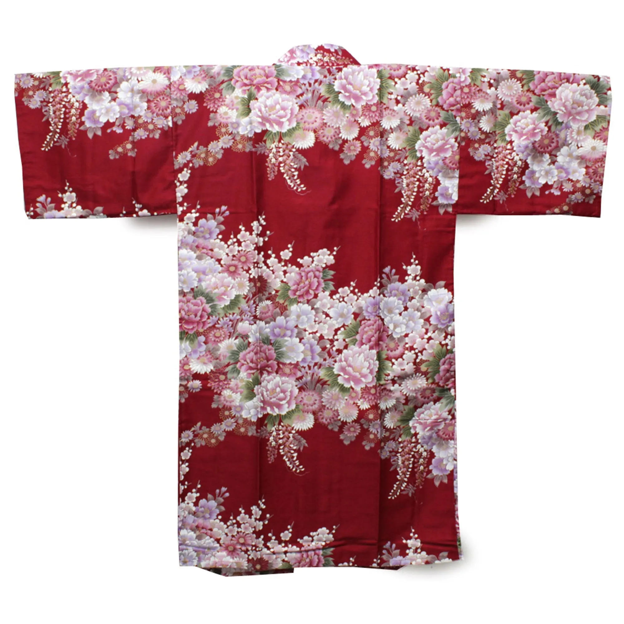 Women's Happi Coat: Kimono Robe - Flowers in Bloom Red