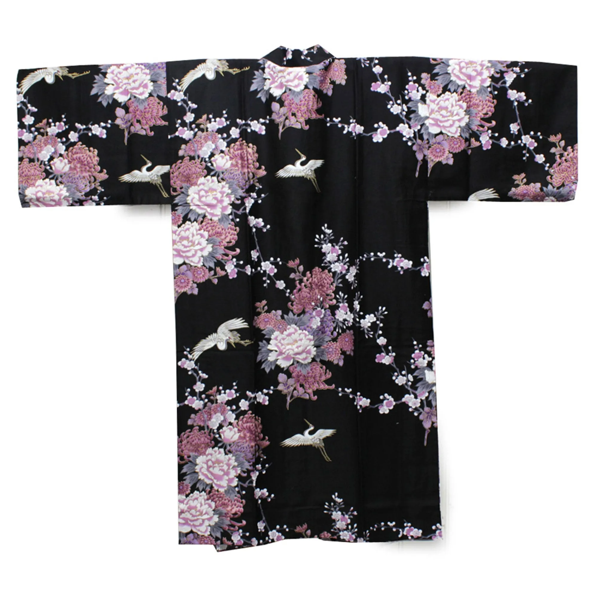 Women's Happi Coat: Kimono Robe - Flying Crane & Peony Black