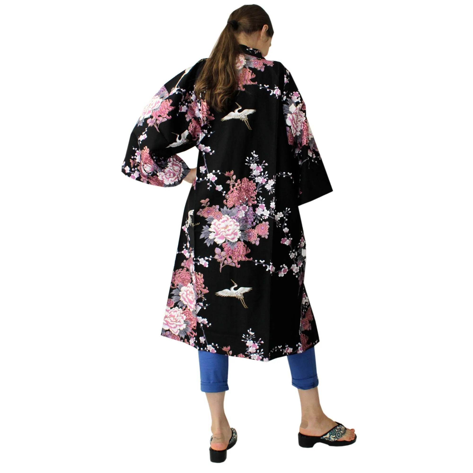 Women's Happi Coat: Kimono Robe - Flying Crane & Peony Black