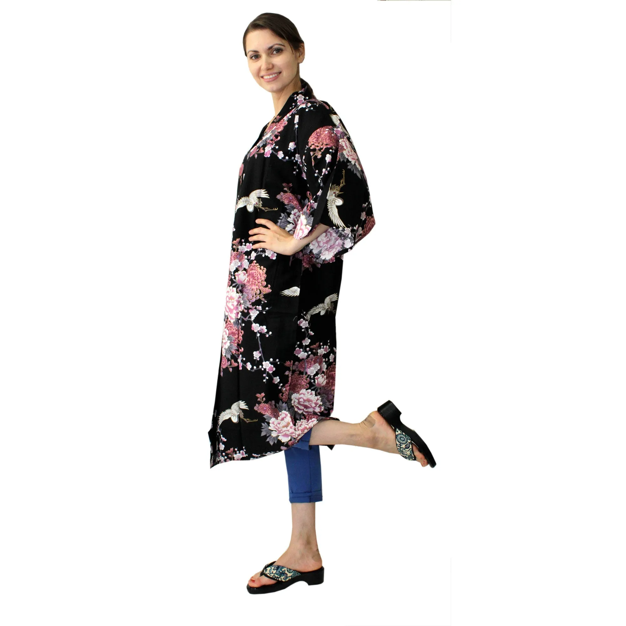 Women's Happi Coat: Kimono Robe - Flying Crane & Peony Black