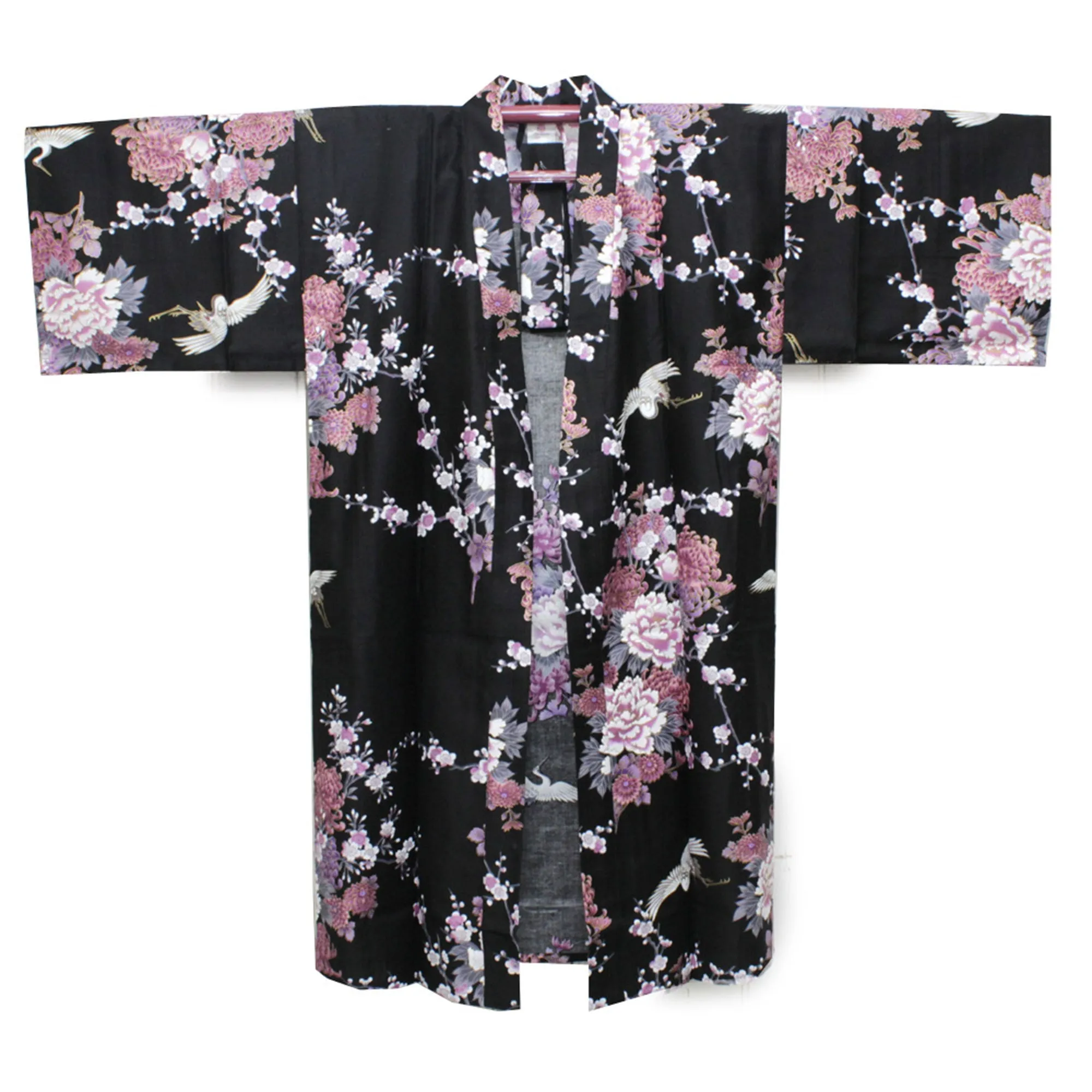 Women's Happi Coat: Kimono Robe - Flying Crane & Peony Black